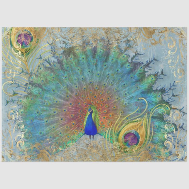 Papel De Seda Caperos azul azul Verde azulado oro Rococo plumas  (Anverso)
