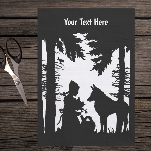 Papel De Seda Caperucita Roja Bosque Flores Lobo Blanco Negro Ro (Black silhouette of red riding hood with flowers under trees in woods with wolf on tissue paper.)