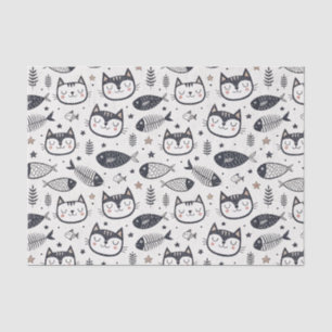 Papel De Seda Cara de Gato Adorable y Patrón de Espinas de Pesca