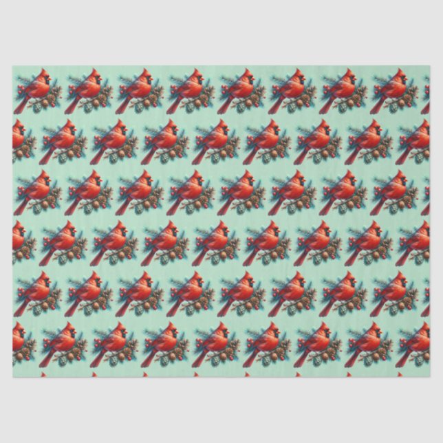 Papel De Seda Cardenal en rama de pino con bayas de invierno (Anverso)