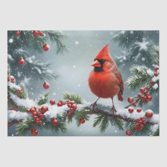 Papel De Seda Cardenal Rojo de Navidad en una Rama Nevada (Anverso)
