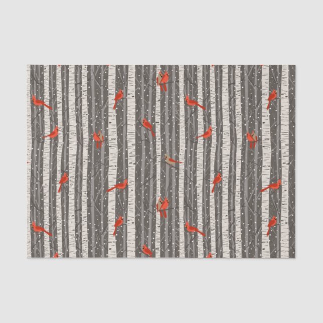Papel De Seda Cardenales de invierno en árboles bircos (Anverso)