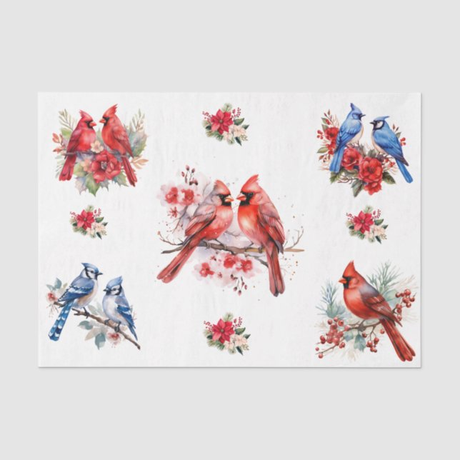 Papel De Seda Cardenales de Navidad Pájaros Azules Elementos Dec (Anverso)