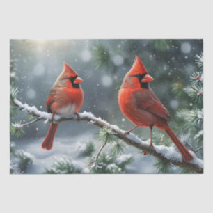 Papel De Seda Cardenales rojos de Navidad en una rama nevada