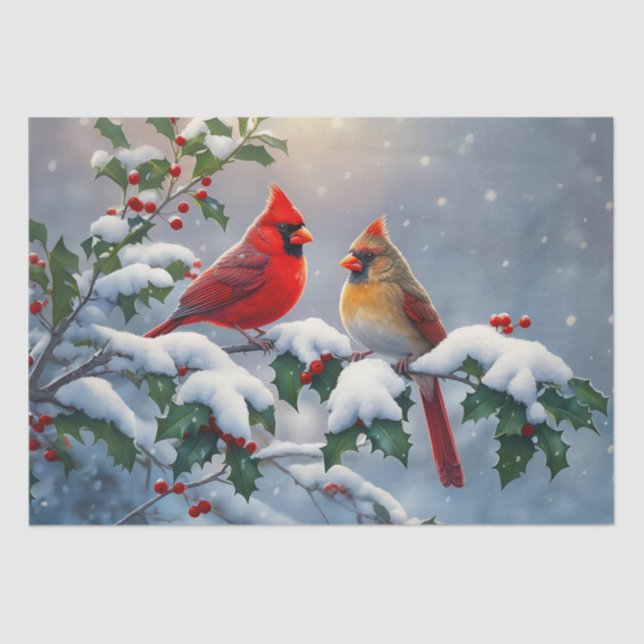 Papel De Seda Cardenales rojos y Holly en la nieve (Anverso)
