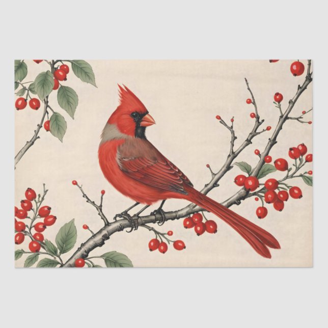 Papel De Seda Cardenales y Bayas Rojas Decoupage (Anverso)