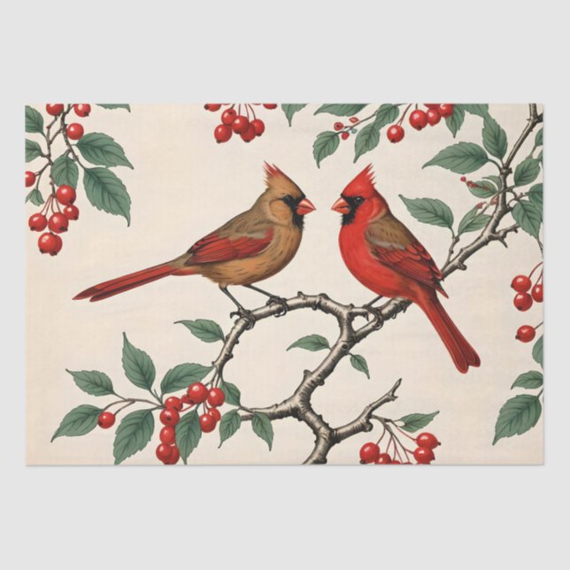 Papel De Seda Cardenales y Bayas Rojas Decoupage (Anverso)