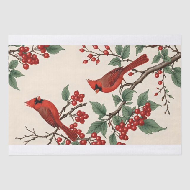 Papel De Seda Cardenales y Bayas Rojas Decoupage (Anverso)