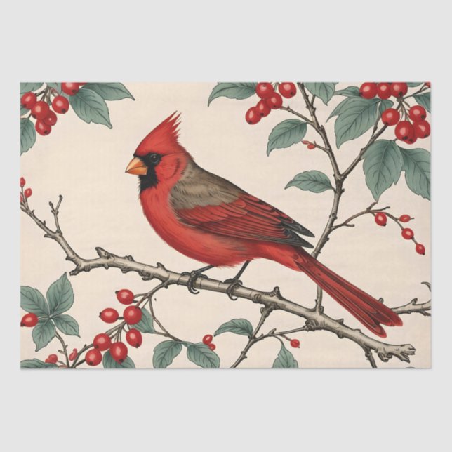 Papel De Seda Cardenales y Bayas Rojas Decoupage (Anverso)