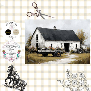 Papel De Seda Carro Floral Decoupage y Granero Blanco