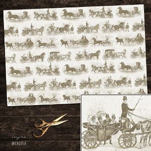 Papel De Seda Carruajes Vintage Tirados por Caballos Patrón Beig