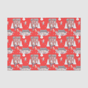 Papel De Seda Casa de navidades, hombre de nieve y rojo árbol de