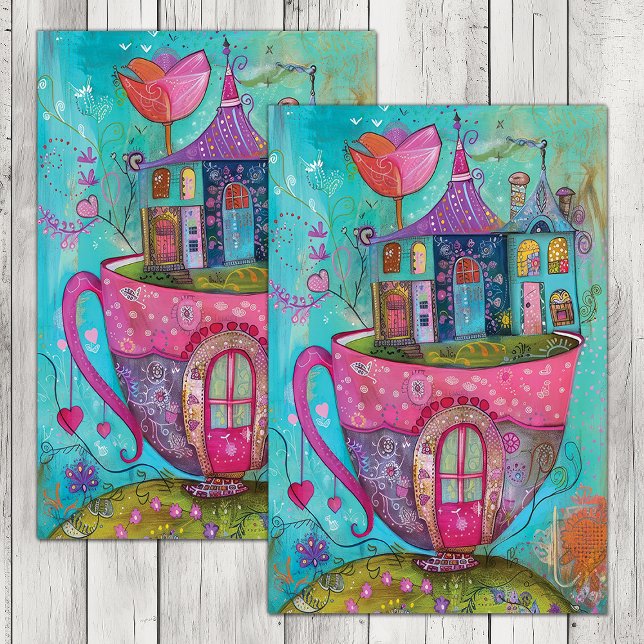 PAPEL DE SEDA CASA DE TAZA DE TÉ CAPRICHOSA DECOUPAGE (WHIMSICAL TEA CUP HOUSE DECOUPAGE TISSUE PAPER)