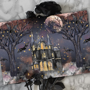 Papel De Seda Casa embrujada Árbol y murciélagos de luna llena