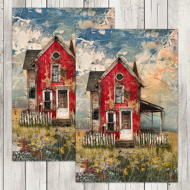 PAPEL DE SEDA CASA RÚSTICA ROJA DESASTRADA DECOUPAGE DE MEDIOS M (SHABBY RED RUSTIC HOUSE MIXED MEDIA DECOUPAGE TISSUE PAPER)