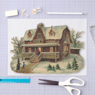 Papel De Seda Casa Victoriana Antigua con Nieve en Navidad