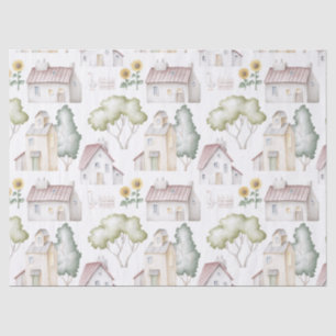 Papel De Seda Casas acuarelas, árboles y girasoles