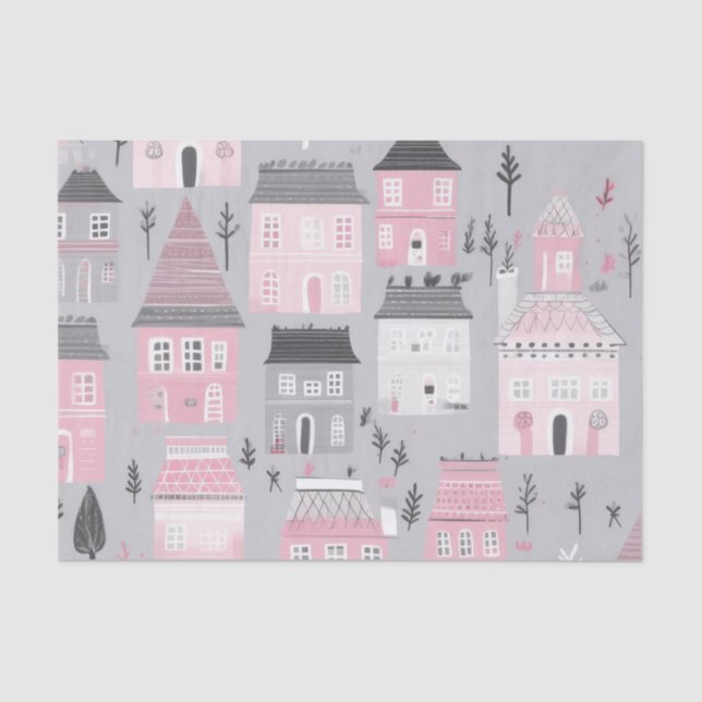 Papel De Seda Casas de Navidades blancos rosados en gris (Anverso)