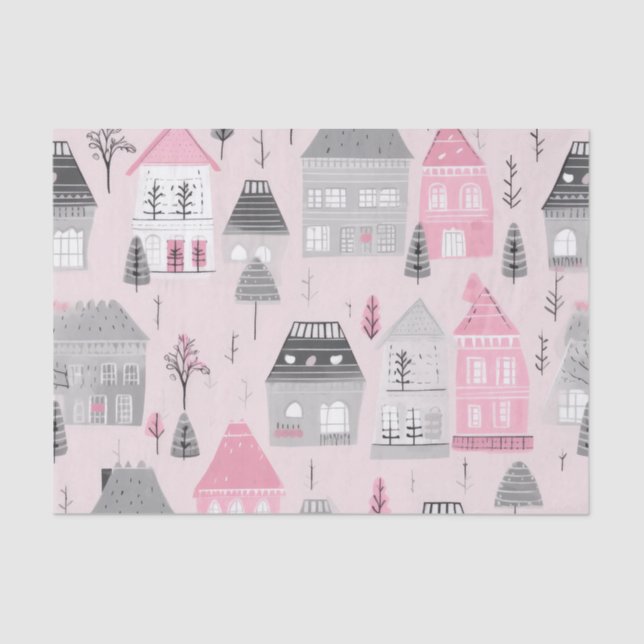 Papel De Seda Casas de Navidades grises blancos en rosa (Anverso)