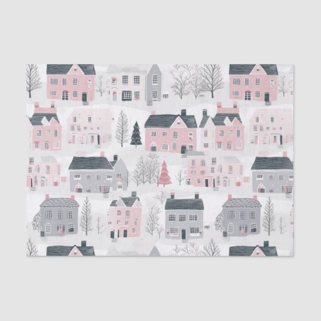 Papel De Seda Casas de Navidades grises rosados en blanco (Anverso)