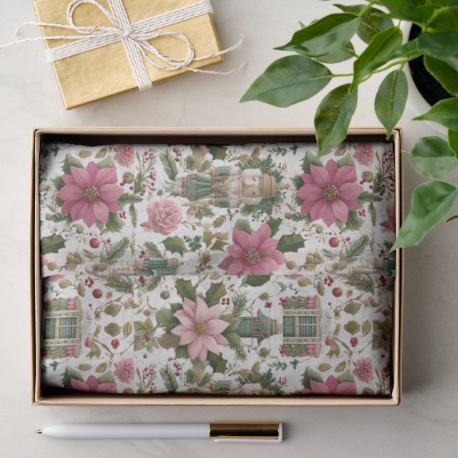 Papel De Seda Cascanueces verde con flores navideñas (Regalo )