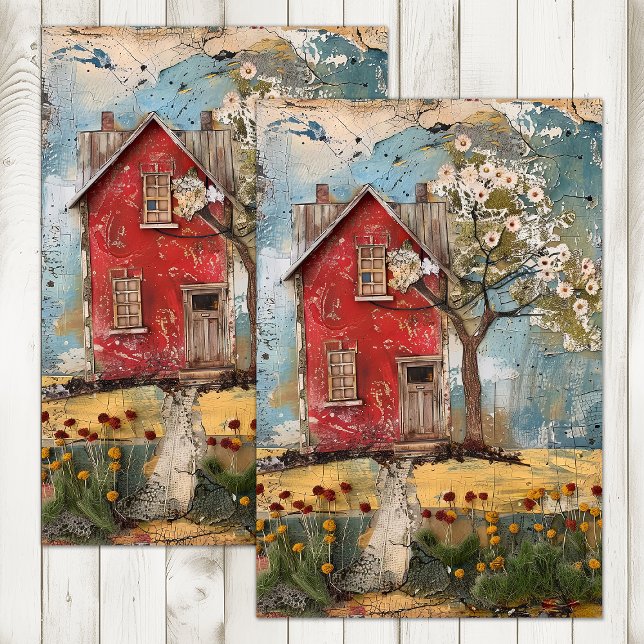 PAPEL DE SEDA CASITA ROJA PEQUEÑA DE CAMPO DECOUPAGE DE TÉCNICA  (TINY RED COUNTRY HOUSE MIXED MEDIA DECOUPAGE TISSUE PAPER)