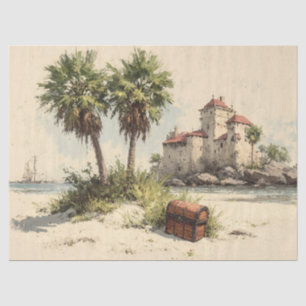 Papel De Seda Castillo con palmeras y cofre del tesoro escondido