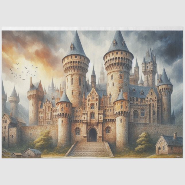 Papel De Seda Castillo medieval al atardecer con cielos atmosfér (Anverso)