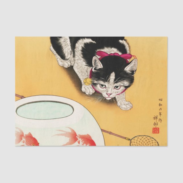 Papel De Seda Cat and Goldfish by Ohara Koson (Anverso)