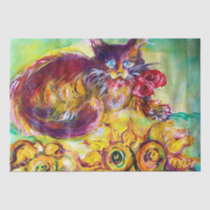 PAPEL DE SEDA CAT CON RIBÓN ROJO Y FLORES