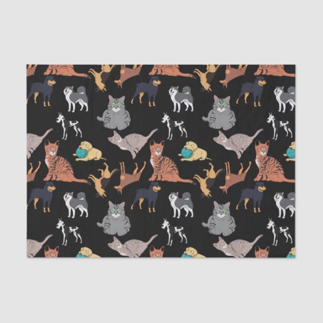 Papel De Seda Cats And Dogs Pattern Design On Black  (Anverso)