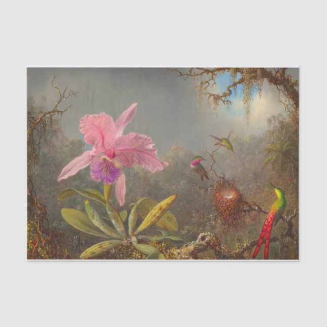 Papel De Seda Cattleya Orchid y tres Hummingbirds Heade (Anverso)