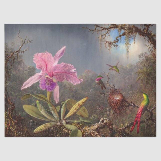 Papel De Seda Cattleya Orchid y tres Hummingbirds por Heade (Anverso)