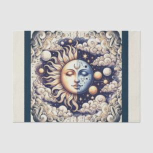 Papel De Seda Celestial Vintage Medio Sol y Luna Azul Amarillo