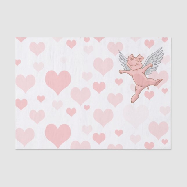 Papel De Seda Cerdo del vuelo y corazones rosados (Anverso)