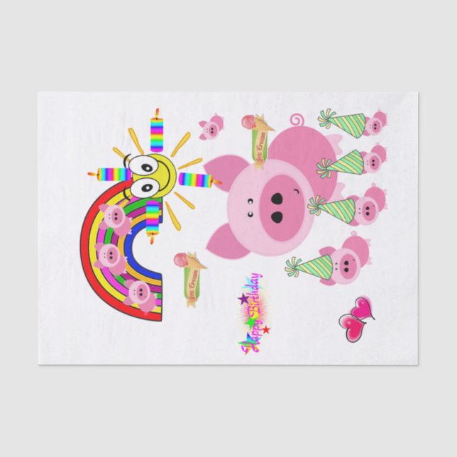 Papel De Seda Cerdo rosa del periódico de cumpleaños feliz (Anverso)