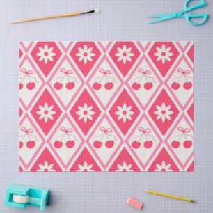 Papel De Seda Cerezas Coquette y lazos rosados sobre diamantes r