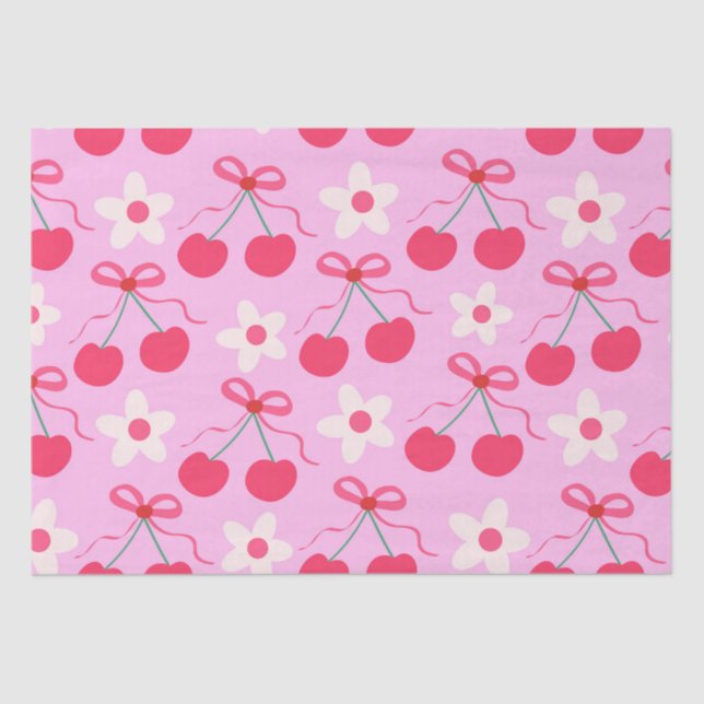 Papel De Seda Cerezas de coqueta con arcos rojos y flores blanca (Anverso)