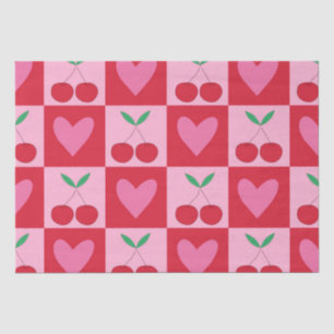 Papel De Seda Cerezas de cuadros con patrón de corazón rosado
