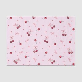 Papel De Seda Cerezas Rojas Adorables Corazones Lazos sobre Rosa