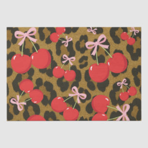 Papel De Seda Cerezas Rojas con Lazo Rosa Estampado de Leopardo