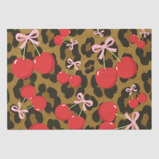 Papel De Seda Cerezas Rojas con Lazo Rosa Estampado de Leopardo  (Anverso)