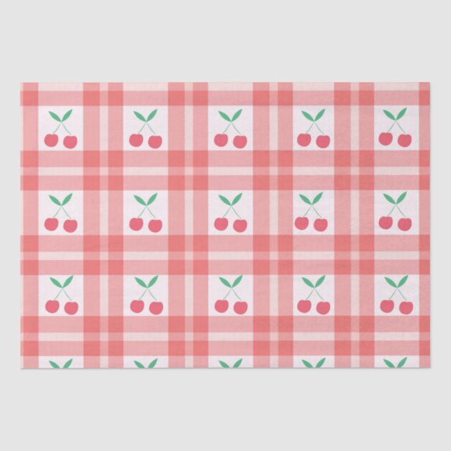 Papel De Seda Cerezas sobre patrón de cuadros gingham rojos (Anverso)