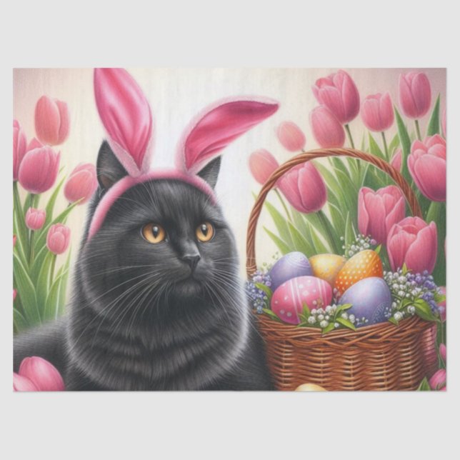 Papel De Seda Cesta de Pascua Pintada Huevos Gato Negro (Anverso)