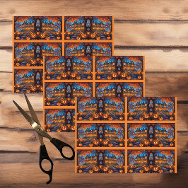 Papel De Seda Chalet fantasmal en el bosque, calabazas, Hallowee