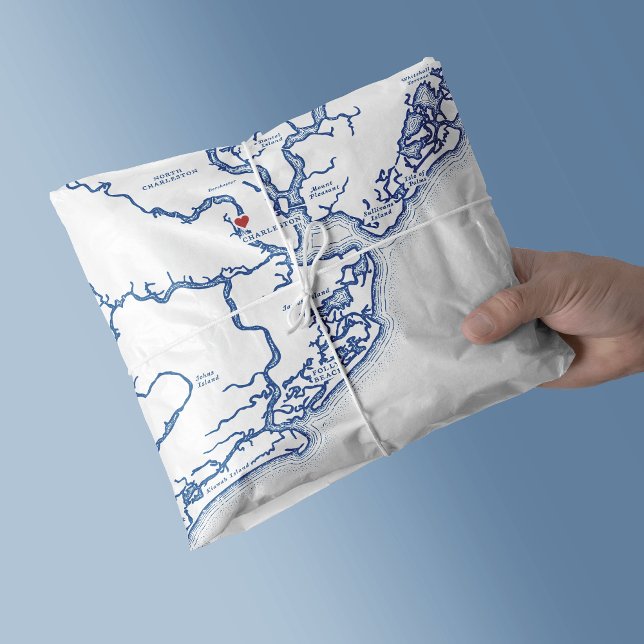 Papel De Seda Charleston Mapa de Carolina del Sur Elegante Marin (Charleston South Carolina Map tissue paper in elegant navy blue from Coastal Map Designs)