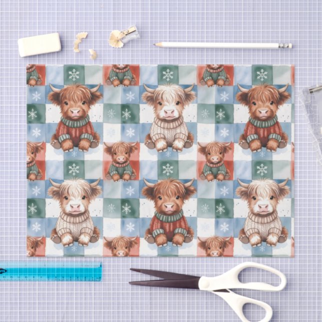 Papel De Seda Checkered Christmas Highland Cow Red Green Blue  (Artesanía)