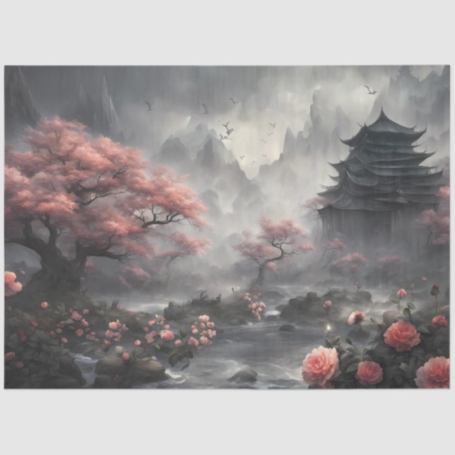 Papel De Seda Cherry Blossom Temple – Asian Fantasy Landscape  (Anverso)