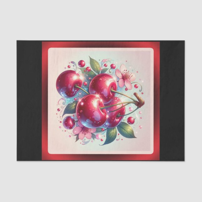Papel De Seda Cherry Red Cute Cherries Floral Giro rosa (Anverso)