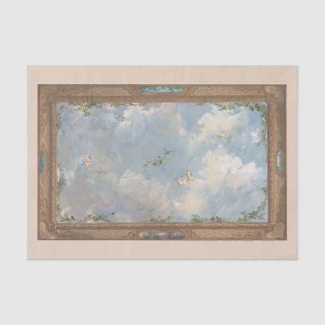 Papel De Seda Cherub Angel Sky nubes marco dorado Art Deco (Anverso)